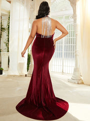 Plus Size Open Back Halter  Burgundy Velvet Maxi Prom Dress