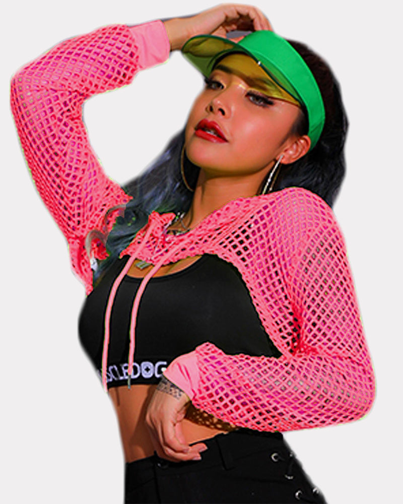 Mesh Hoodie Crop Top Fishnet Shirt