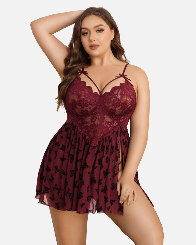 Plus Size Lace FPrint Babydoll