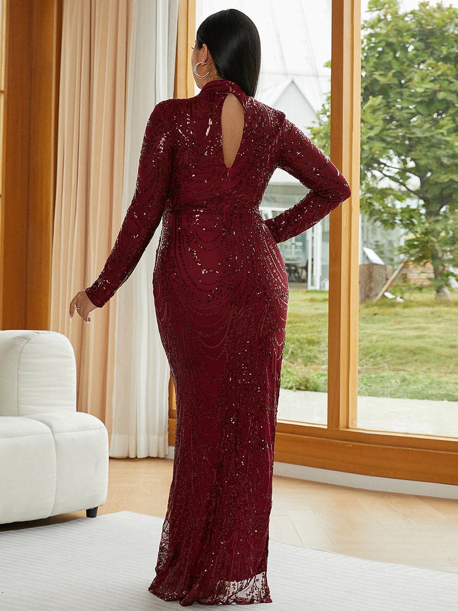 Plus Size Long Sleeve Cutout Sequin Dress