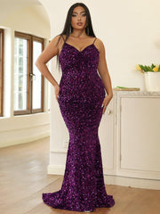 Plus Spaghetti Sequin Evening Dress