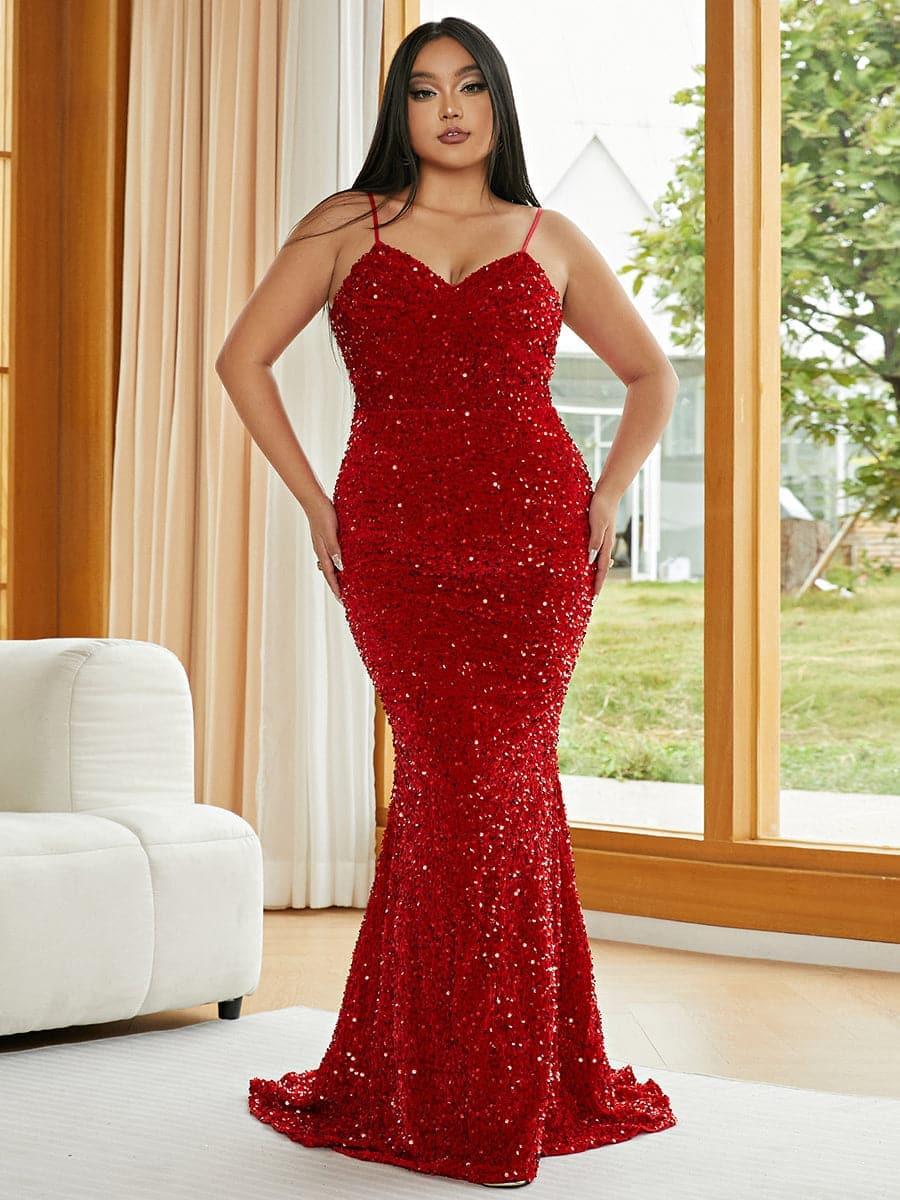 Plus Spaghetti Sequin Evening Dress