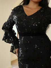 Plus Size V-Neck Black Sequin Dress