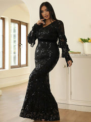 Plus Size V-Neck Black Sequin Dress