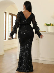 Plus Size V-Neck Black Sequin Dress