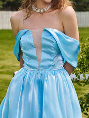 Blue Off Shoulder Satin Skater Homecoming Dress