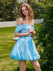 Blue Off Shoulder Satin Skater Homecoming Dress