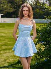 Blue Spaghetti Jacquard A-line Homecoming Dress