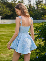 Blue Spaghetti Jacquard A-line Homecoming Dress