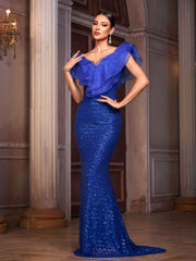 Royal Blue Ruffled Mermaid Sequin Evening Dress