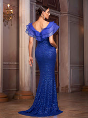 Royal Blue Ruffled Mermaid Sequin Evening Dress