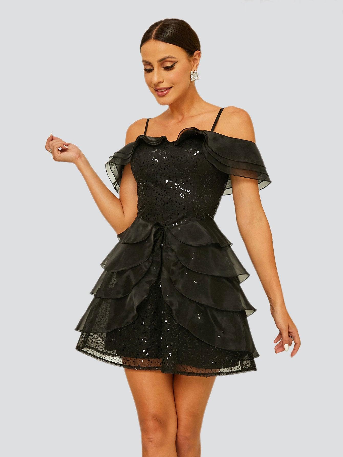 Cold Shoulder Tiered Sequin Party Dress