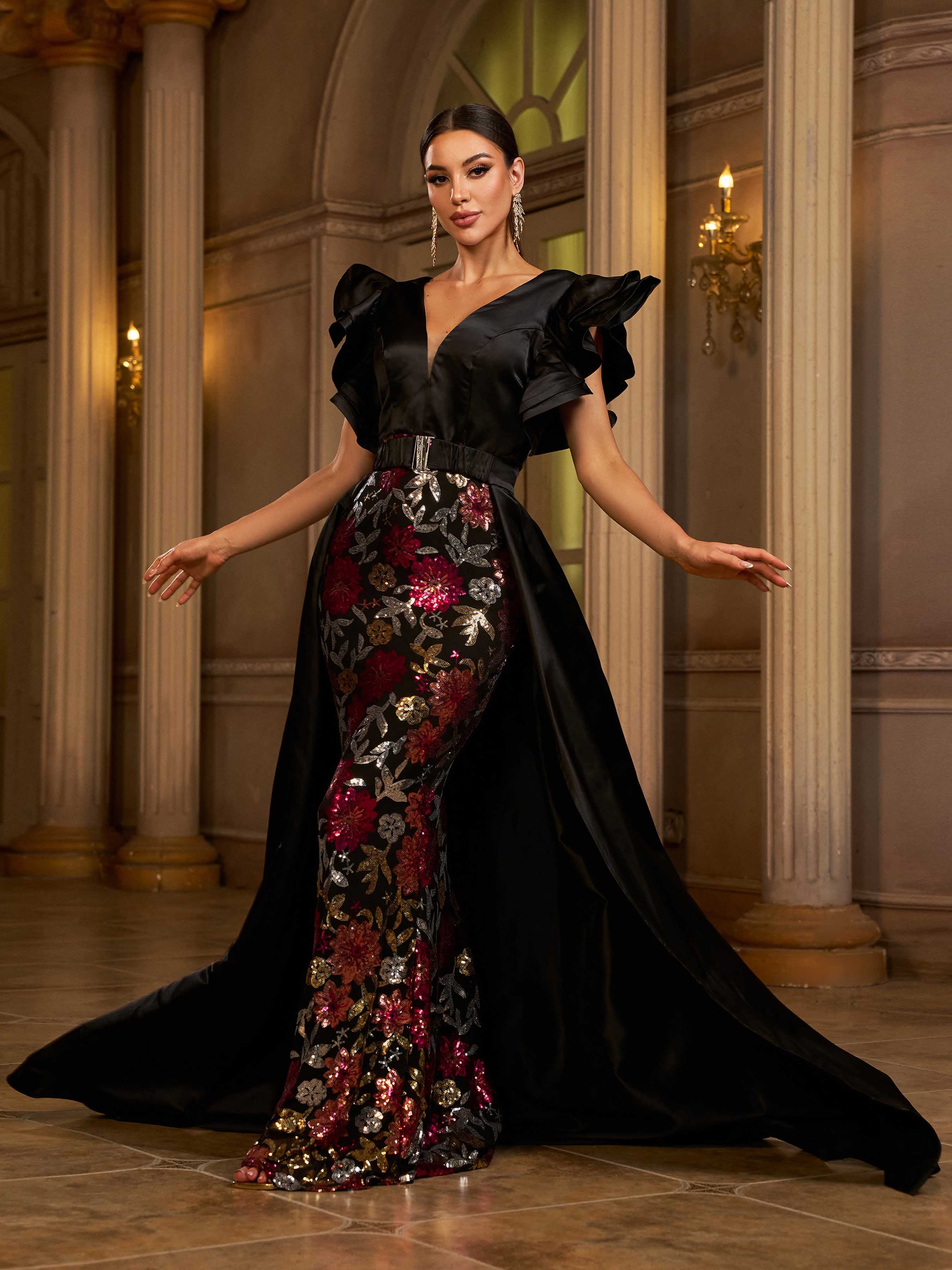 Black Sequin Ruffled Belt Cape Evening Dress