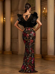 Black Sequin Ruffled Belt Cape Evening Dress