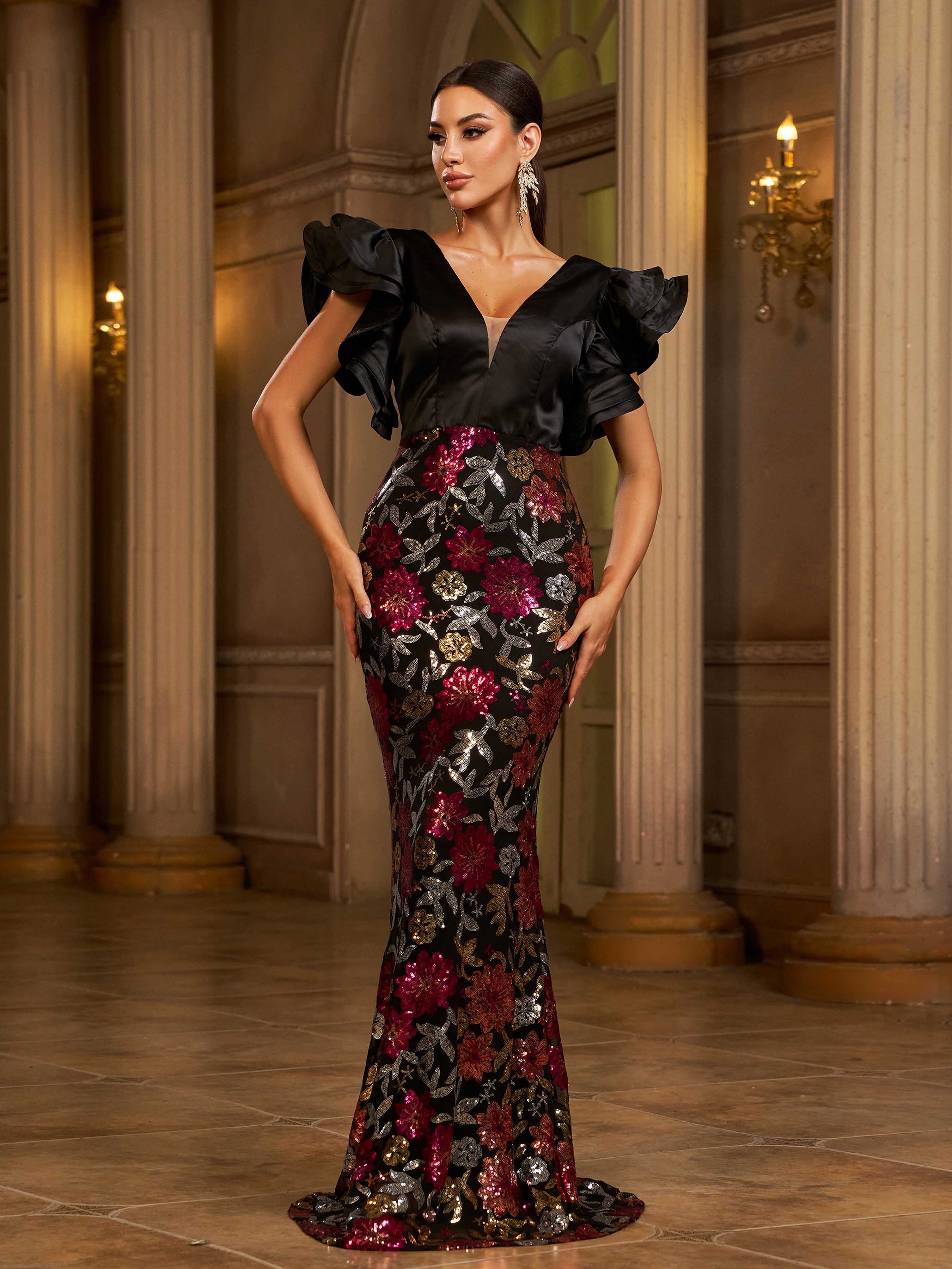 Black Sequin Ruffled Belt Cape Evening Dress