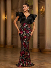 Black Sequin Ruffled Belt Cape Evening Dress
