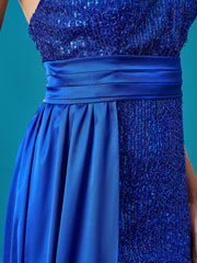 Blue Strapless Draped Backless Sequin Prom Dress
