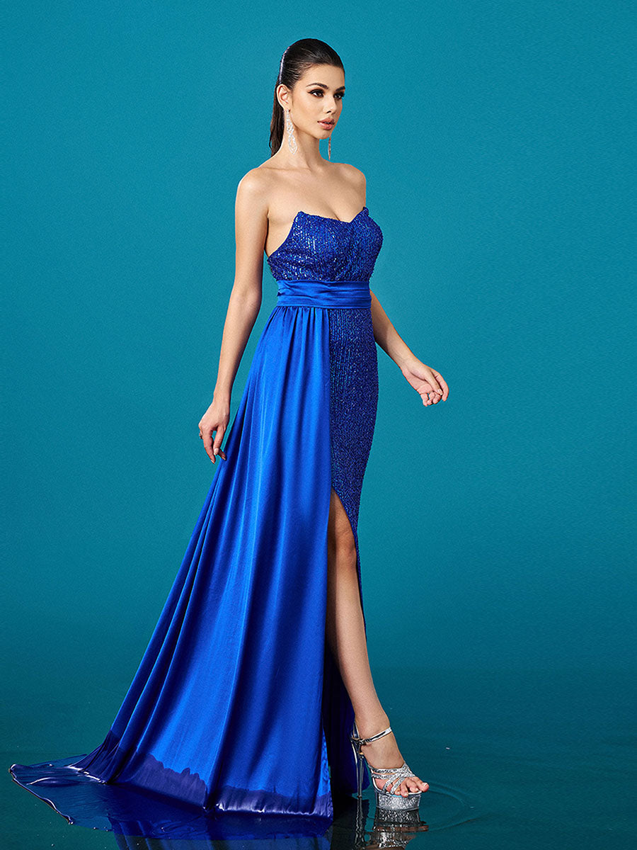 Blue Strapless Draped Backless Sequin Prom Dress
