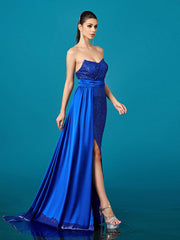 Blue Strapless Draped Backless Sequin Prom Dress