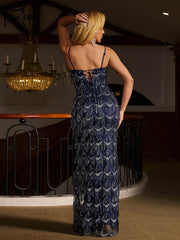 Navy Fringed Sequin Spaghetti Guest Dress