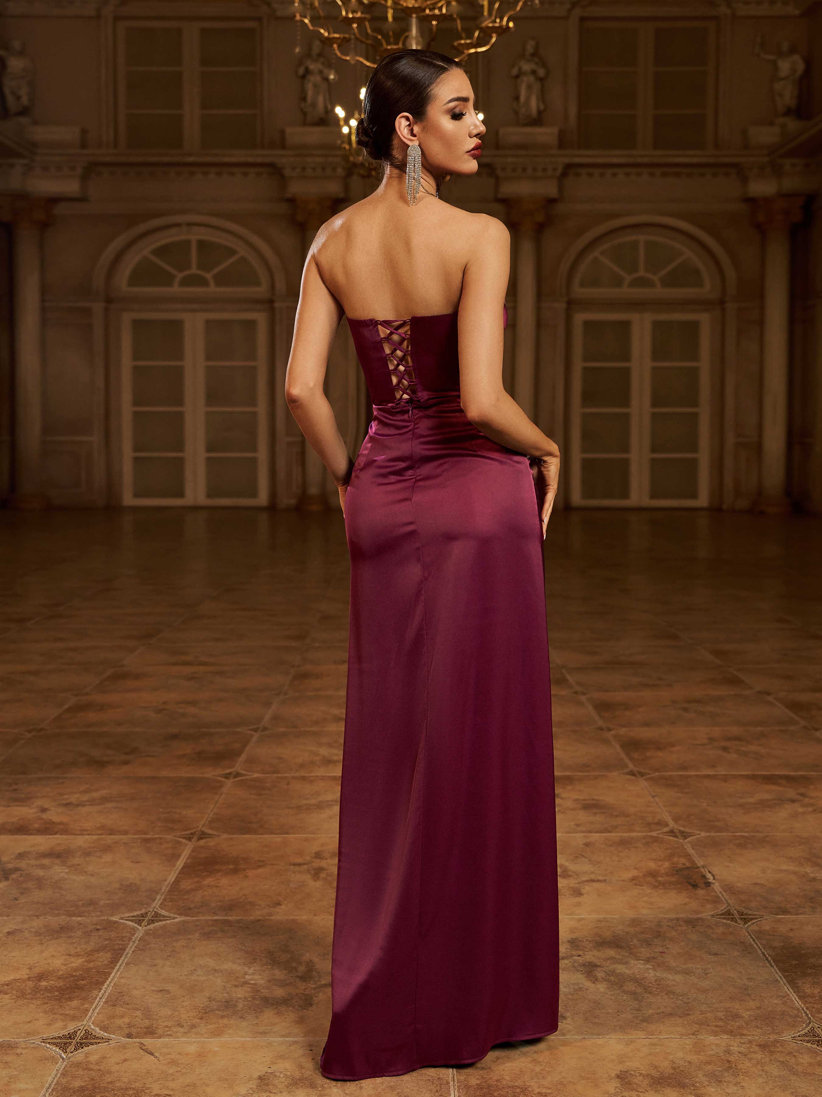 Purple Strapless Ruffled Split Cocktail Dress