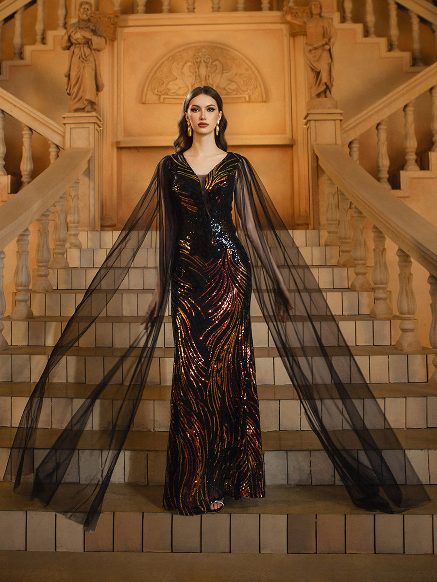 Black Mesh Sleeve Sequin Formal Dress