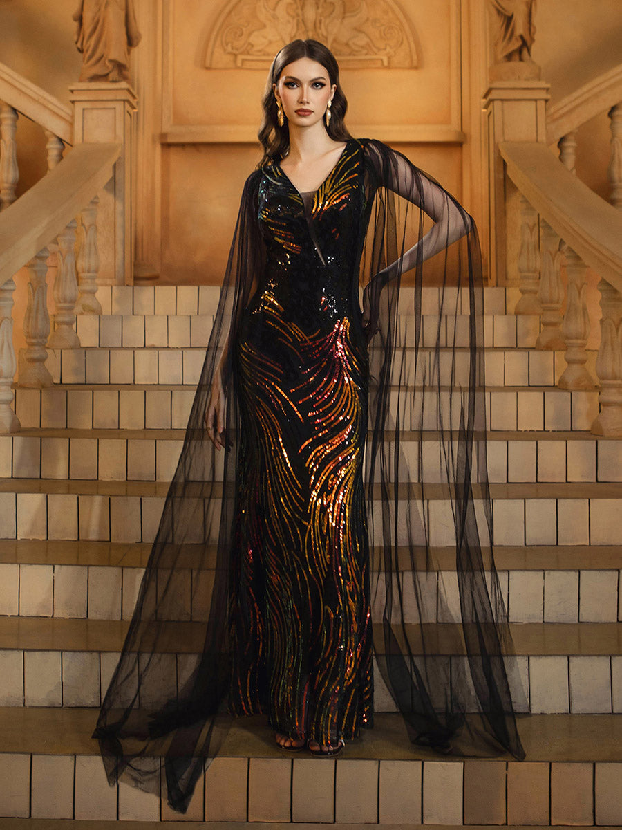 Black Mesh Sleeve Sequin Formal Dress