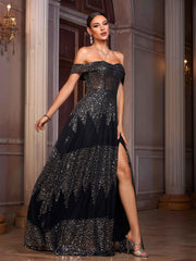 Black Off Shoulder Sequin A-line Prom Dress