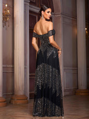 Black Off Shoulder Sequin A-line Prom Dress