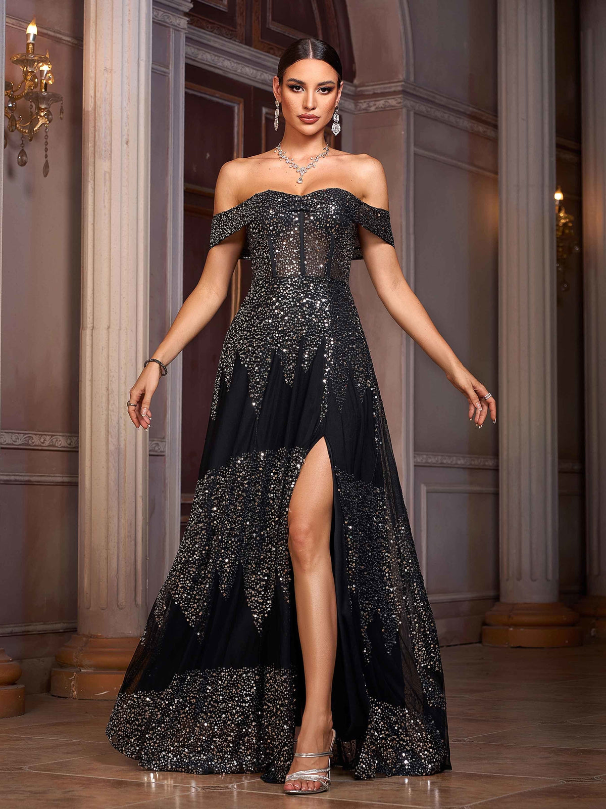Black Off Shoulder Sequin A-line Prom Dress