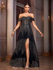 Black Off Shoulder Sequin A-line Prom Dress