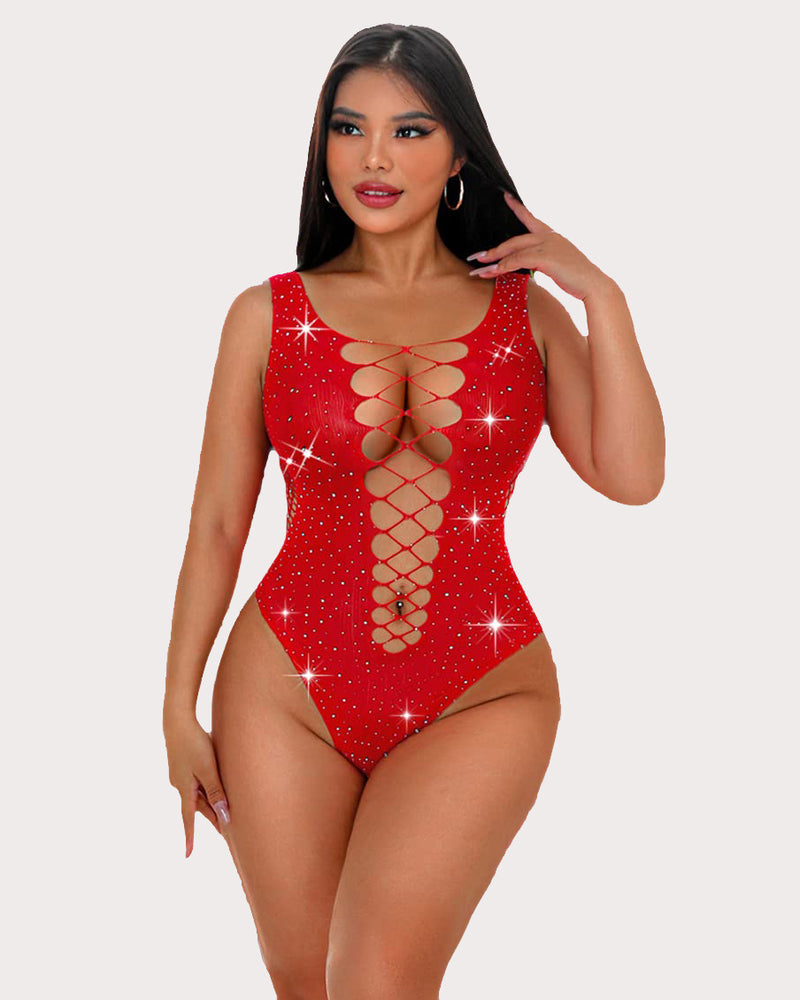 Mesh Fishnet Rhinestone Bodysuit