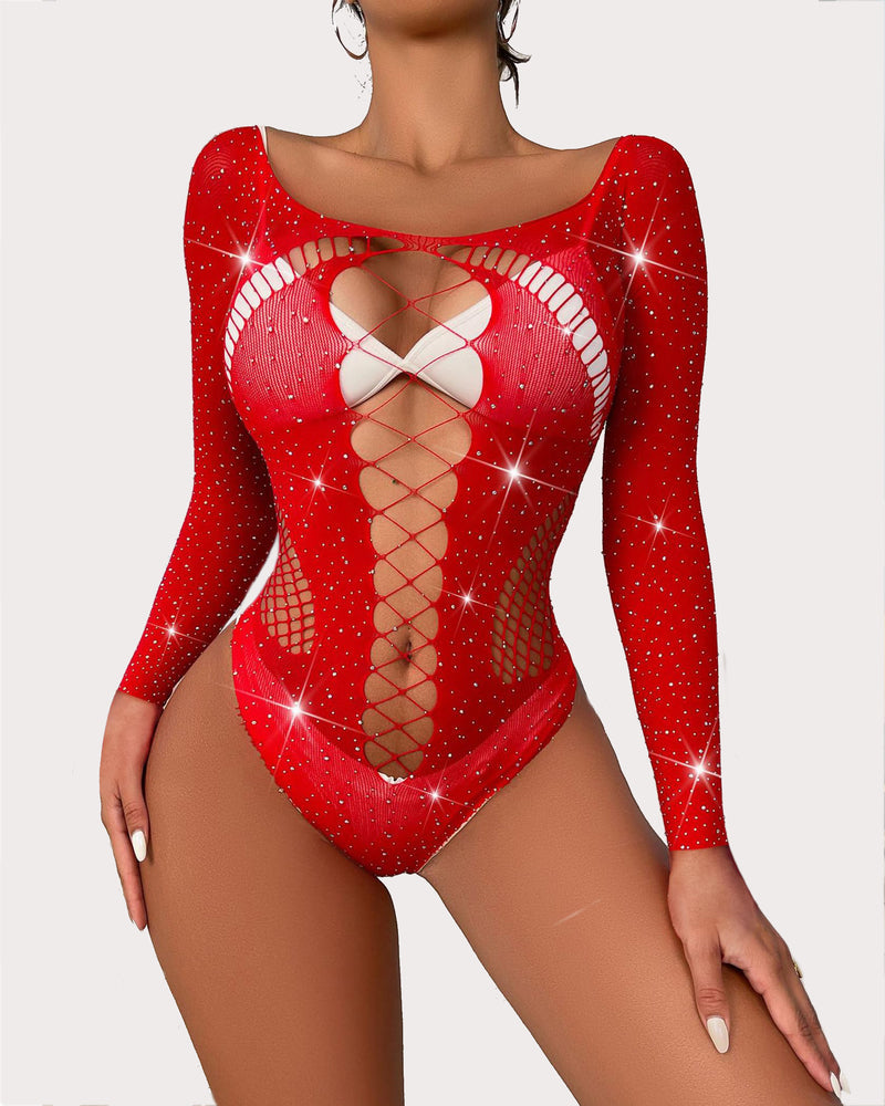 Mesh Rhinestone Fishnet Bodysuit
