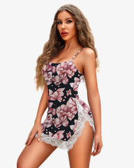 Pink Big Flowers Strap Lace Side Slit Dress