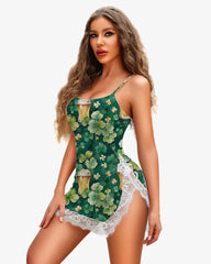 Green Clover Strap Lace Side Slit Dress