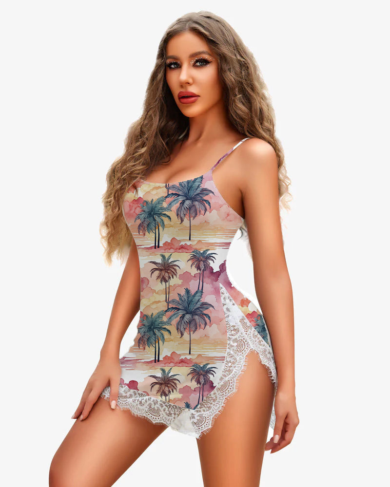 Palm Trees Lace Side Slit Dress