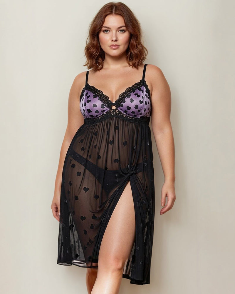 Plus Size Heart Sheer Lace Mid-Dress