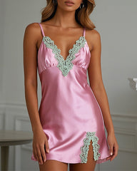 Color Lace Trim Side Split Mini Dress