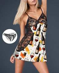 Wine Bottles Print Lace Graffiti Mini Dress