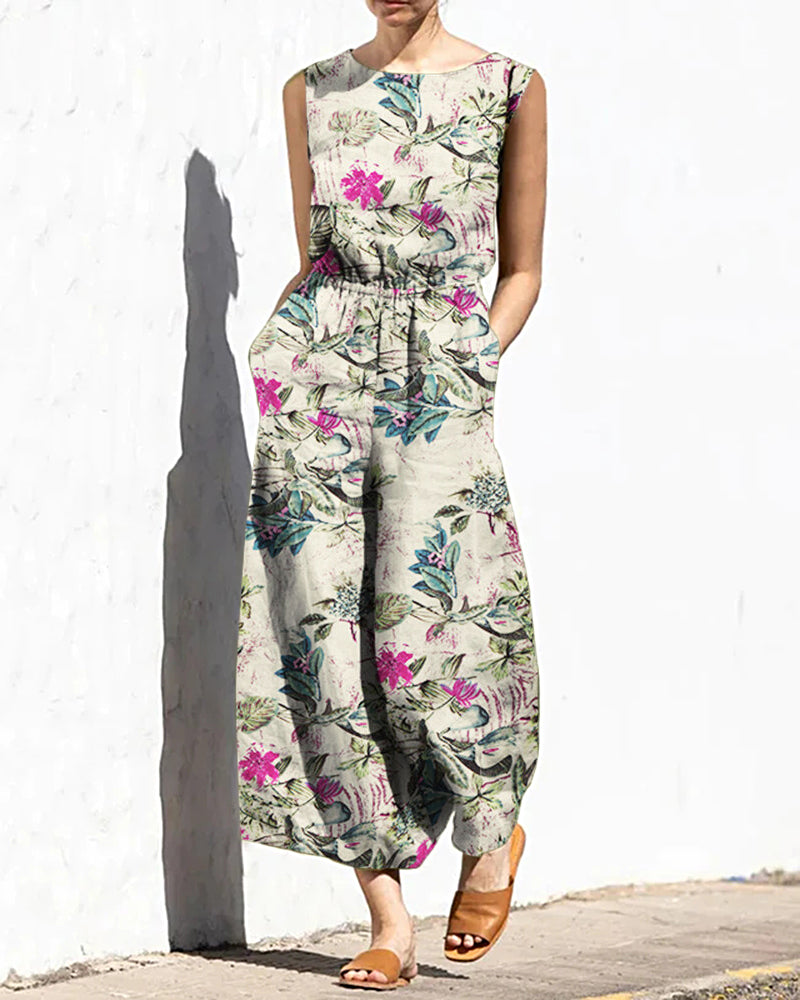 Printed Wide Leg Long Jumpsuit