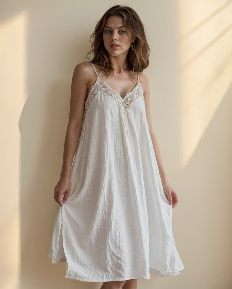Cotton Linen Straps Lace Slit Nightdress
