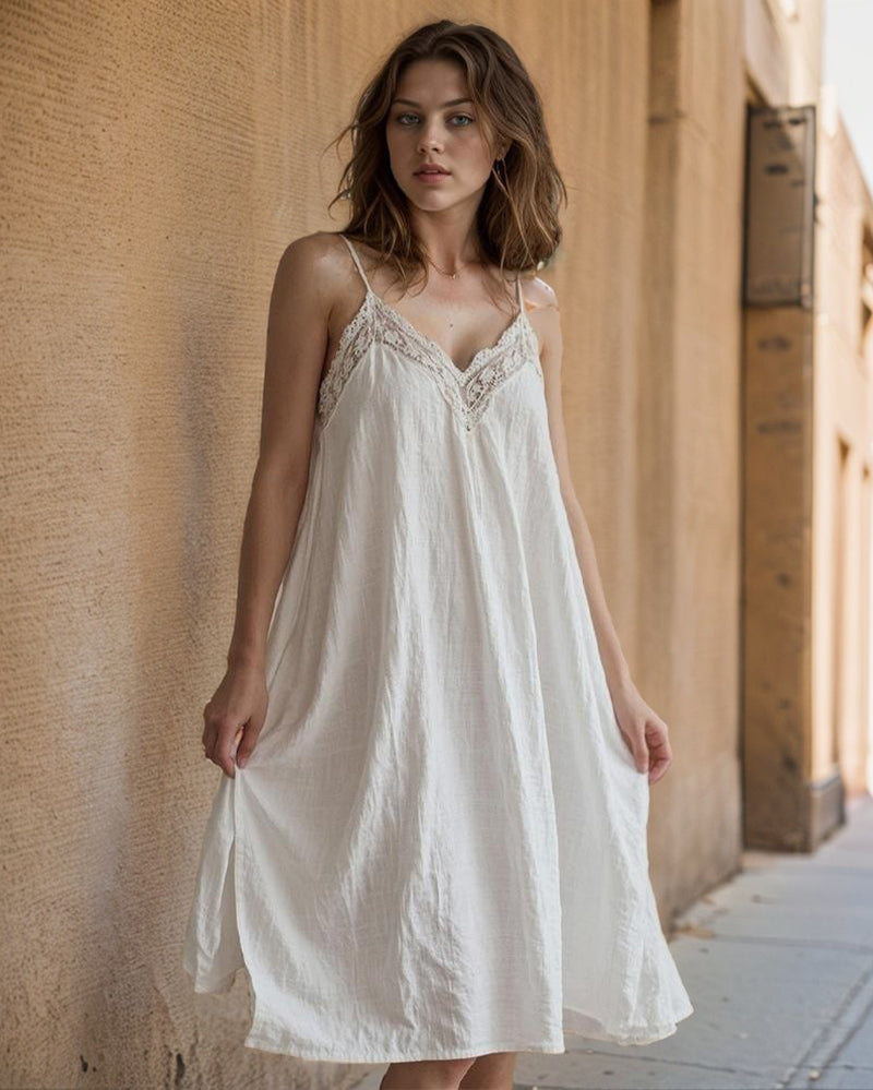 Cotton Linen Straps Lace Slit Nightdress