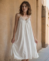 Cotton Linen Straps Lace Slit Nightdress