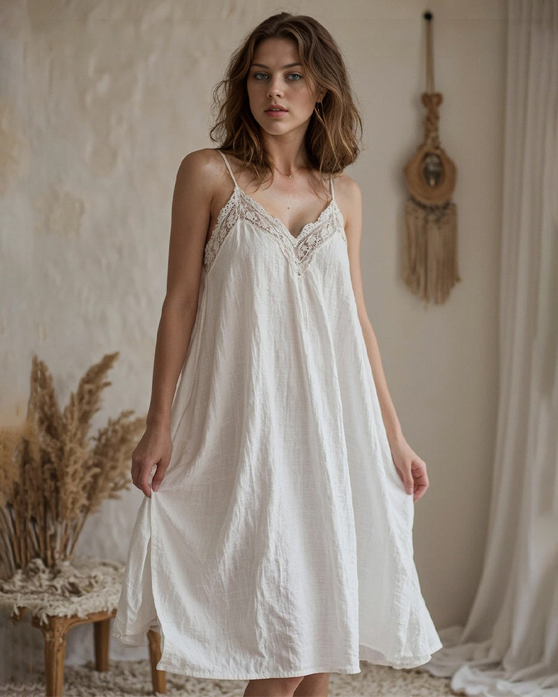 Cotton Linen Straps Lace Slit Nightdress