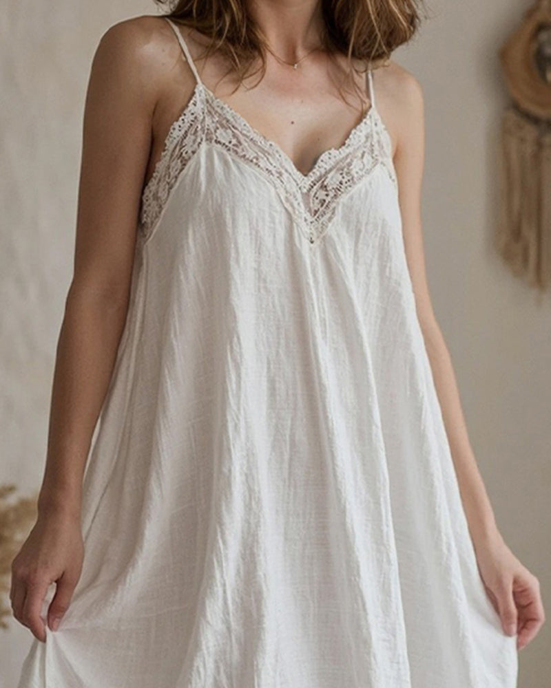 Cotton Linen Straps Lace Slit Nightdress