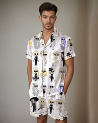 Men Retro Graffiti Cartoon Pattern Satin Pajama Set