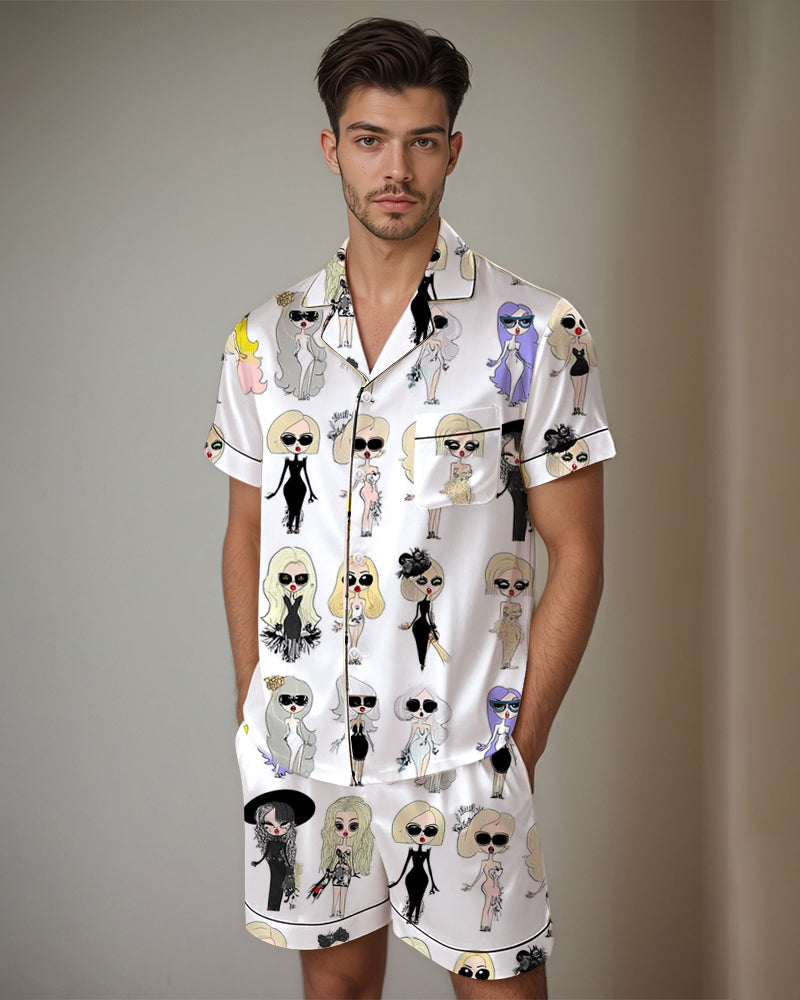 Men Route 66 Pattern Satin Pajama Set