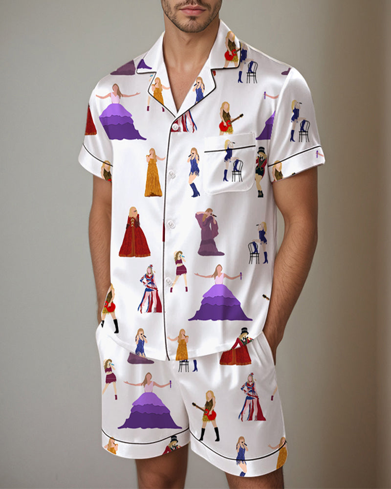 Men Music Theme Graffiti Satin Pajama Set