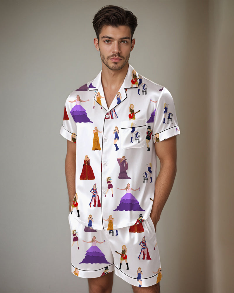 Men Retro Graffiti Cartoon Pattern Satin Pajama Set