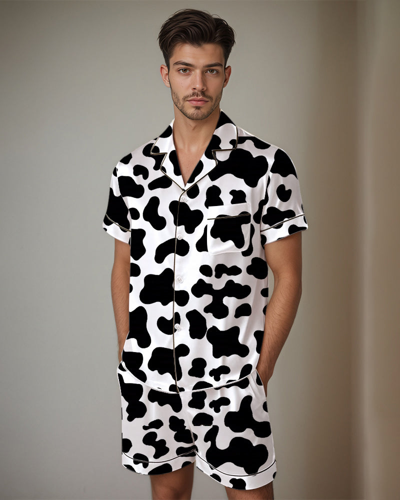 Men Cow Print Satin Pajama Set